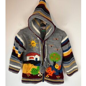 PERUVIAN Baby Unisex Hand Knit Zip Front Hooded Sweater Outdoor Animals 12 Month